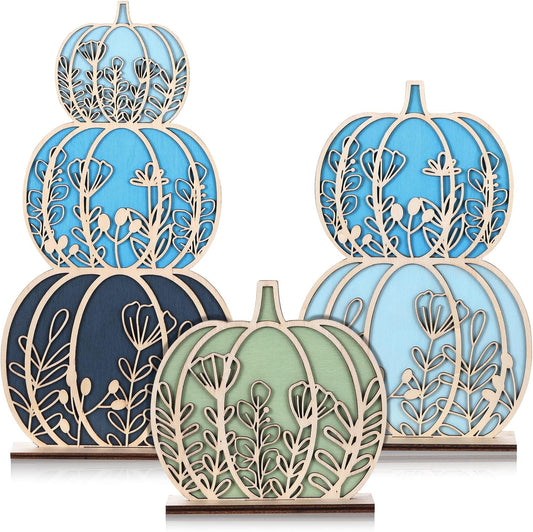 Leinuosen Fall Pumpkin Decorations Wooden Tabletop Signs, Autumn Table Centerpieces Pumpkins of 3 Size Fall Tray Decor for Home Room Decor Thanksgiving Halloween Harvest Decoration(Cool Colors)