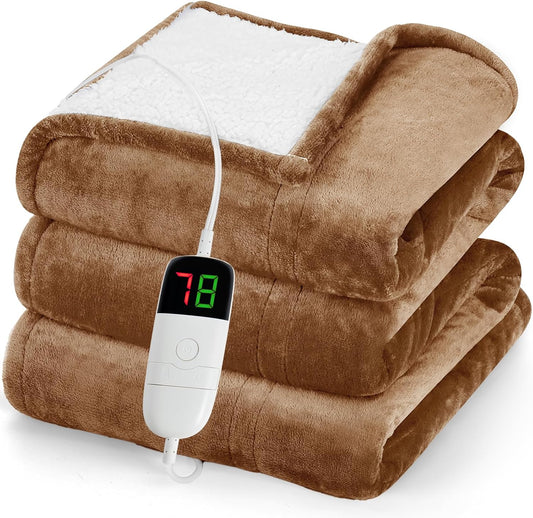 greenoak Heated Blanket Electric Throw 50"X60", Heating Blanket with 10 Levels 1/2/4/6/8 Hours Auto-Off Overheat Protection, Soft Flannel Sherpa Warm Heater, ETL Certified Brown