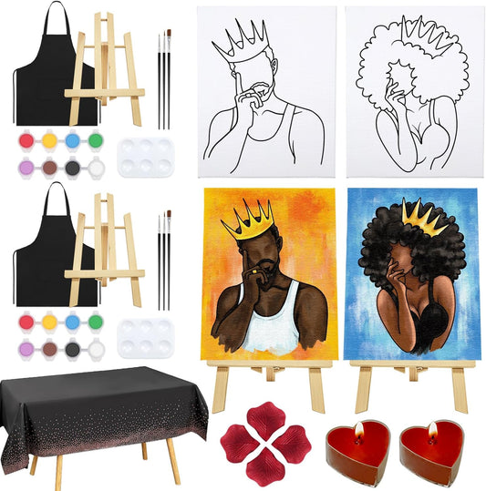 Nuberlic Date Night Painting Kit for Couples Sip and Paint Kit for Adults Couples Pre Drawn Canvas to Paint for Adults Afro King Queen Valentines 2 Pack 8" X 10"