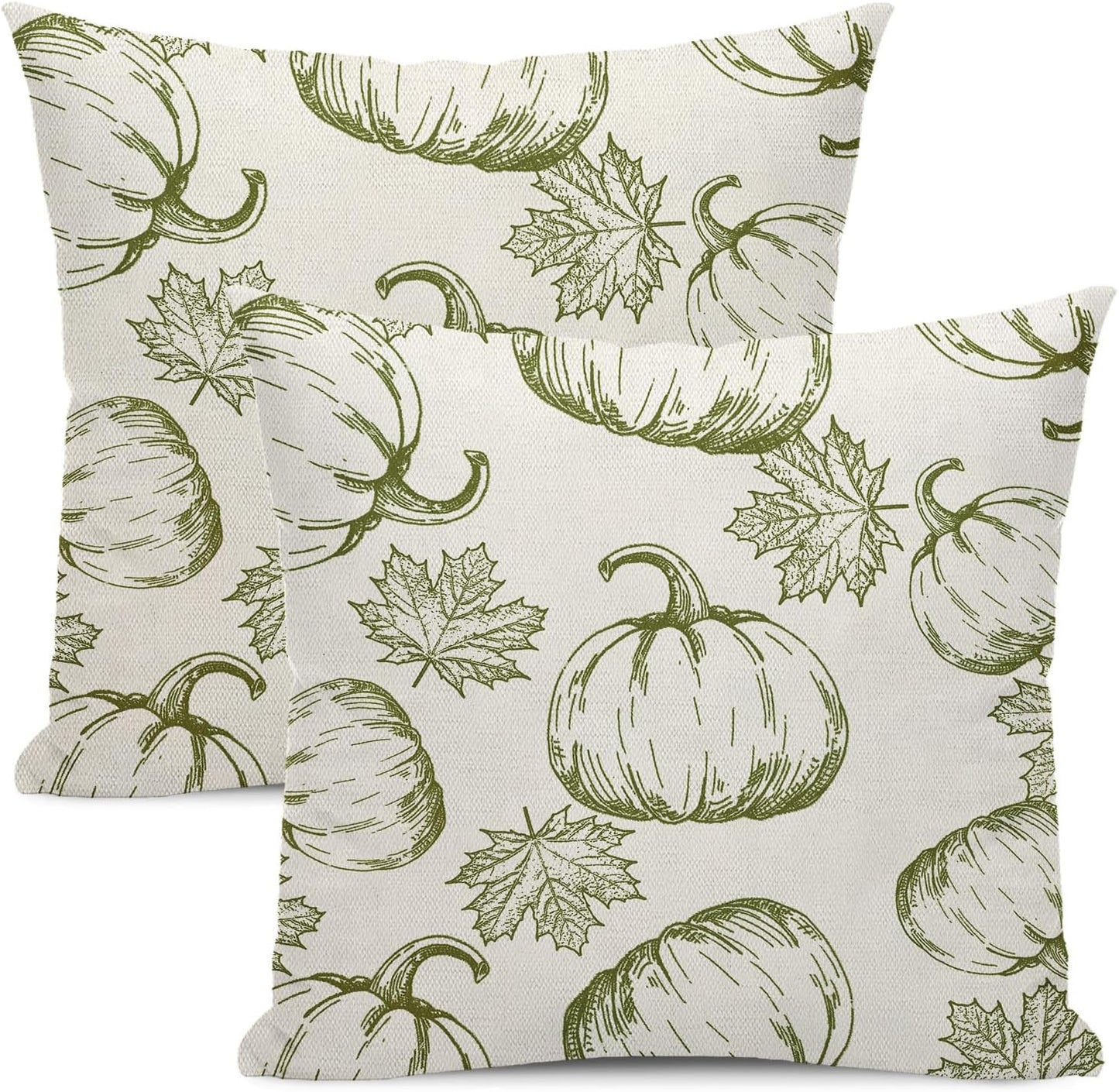 Fall Decor Pillow Covers 18x18 Set of 2 Green Autumn Pumpkin Maple Leaves Throw Pillow Covers Thanksgiving Decoration Pillowcase for Fall Decorative Linen Cushion Cover for Couch Sofa Outdoor