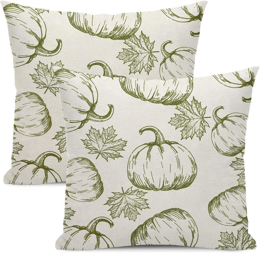 Fall Decor Pillow Covers 18x18 Set of 2 Green Autumn Pumpkin Maple Leaves Throw Pillow Covers Thanksgiving Decoration Pillowcase for Fall Decorative Linen Cushion Cover for Couch Sofa Outdoor