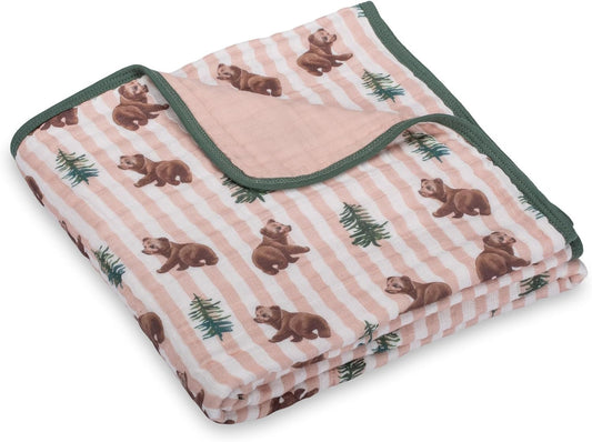 LollyBanks Muslin Baby Blanket 100% Organic Cotton, Muslin Quilt Lightweight, 6 Layers Soft Blanket Neutral, 47"x 47" Toddler Blankets for Girls and Boys, Nursery Receiving Blankets (Bear Print)