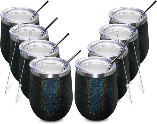 MEWAY 12oz/8 Pack Wine Tumbler Glasses with Lid - Stemless Double Wall Vacuum Stainless Steel Glitter Tumbler - Keeping Cold & Hot Cup for Coffee,Gift for Women(Rainbow Black,Set of 8)
