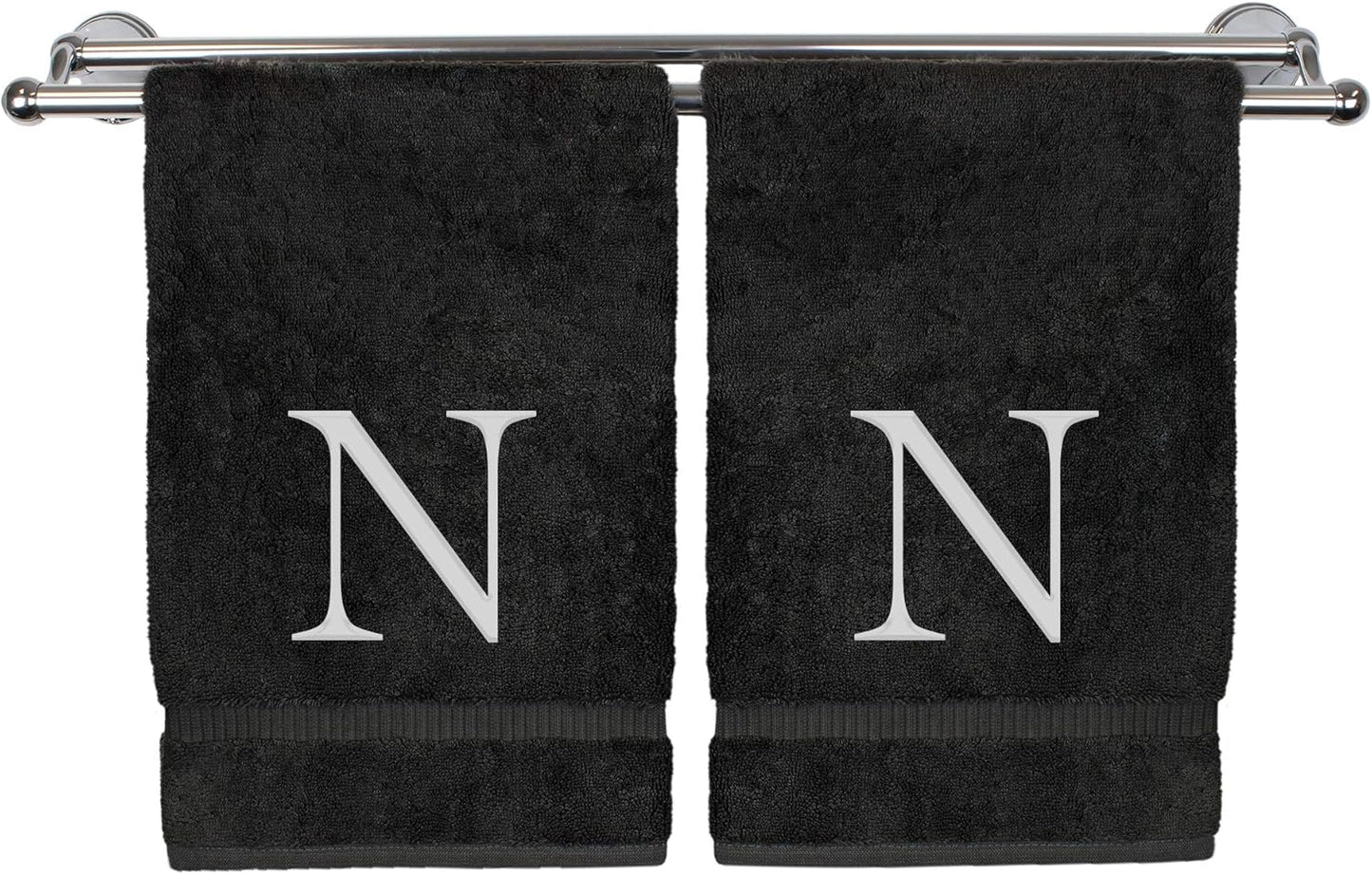 Monogrammed Hand Towel, Personalized Gift, Set of 2- White Block Letter Embroidered Towel - Extra Absorbent 100% Turkish Cotton - Soft Terry Finish - Initial N Black