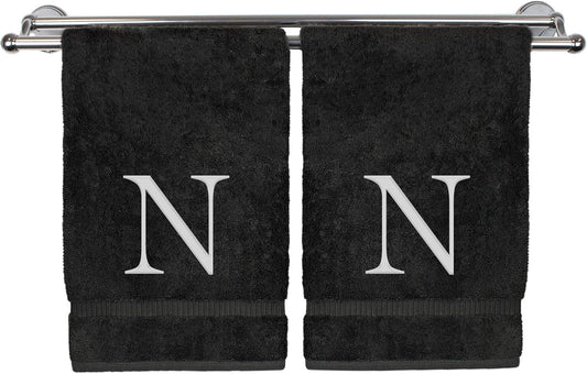 Monogrammed Hand Towel, Personalized Gift, Set of 2- White Block Letter Embroidered Towel - Extra Absorbent 100% Turkish Cotton - Soft Terry Finish - Initial N Black