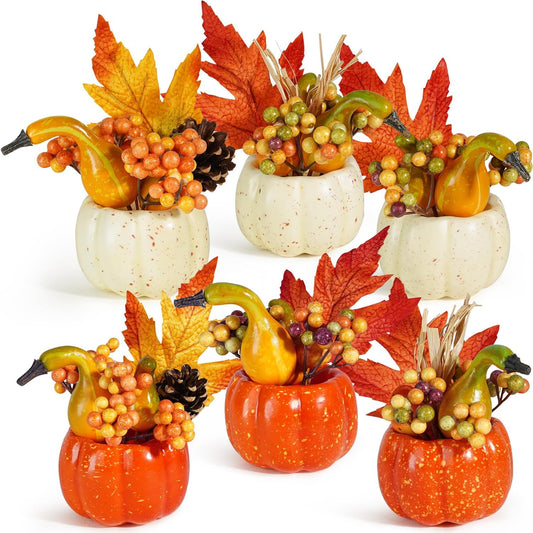 Artmag Set of 6 Artificial Pumpkins Decorations, Decorative Orange Pumpkin with Maple Berry Acorn Pine Cone Vegetables for Fall Thanksgiving Harvest Party Decoration