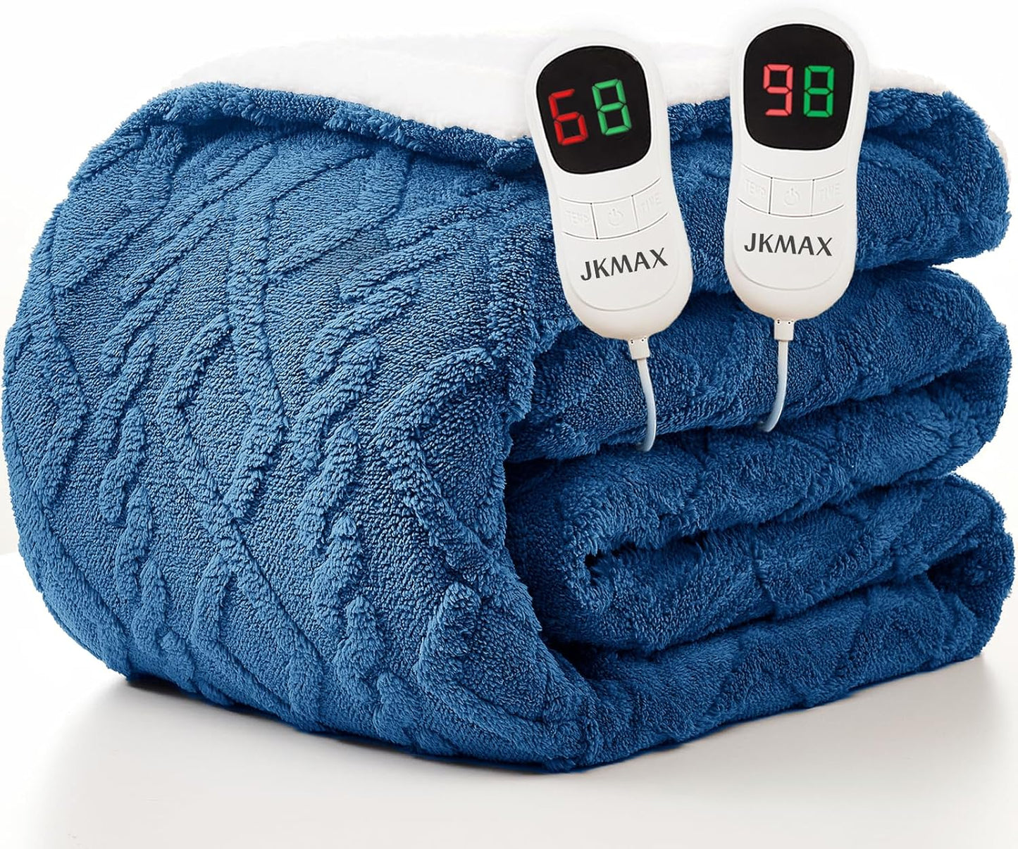 JKMAX Heated Electric Blanket Queen Size-84"x90" Heating Blanket with 10 Heating Levels & 5 Time Settings Over-Heat Protection，Winter Warmer for Adults with ETL Certification（Blue）