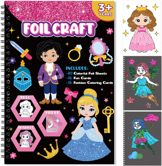 Foil Craft Dress Up DIY Fun Kits, No Mess Creative Foil Art Kits Set Drawing Game for Kids, Birthday Gifts Crafts Supplies Travel Toys for Girls & Boys Ages 4-9