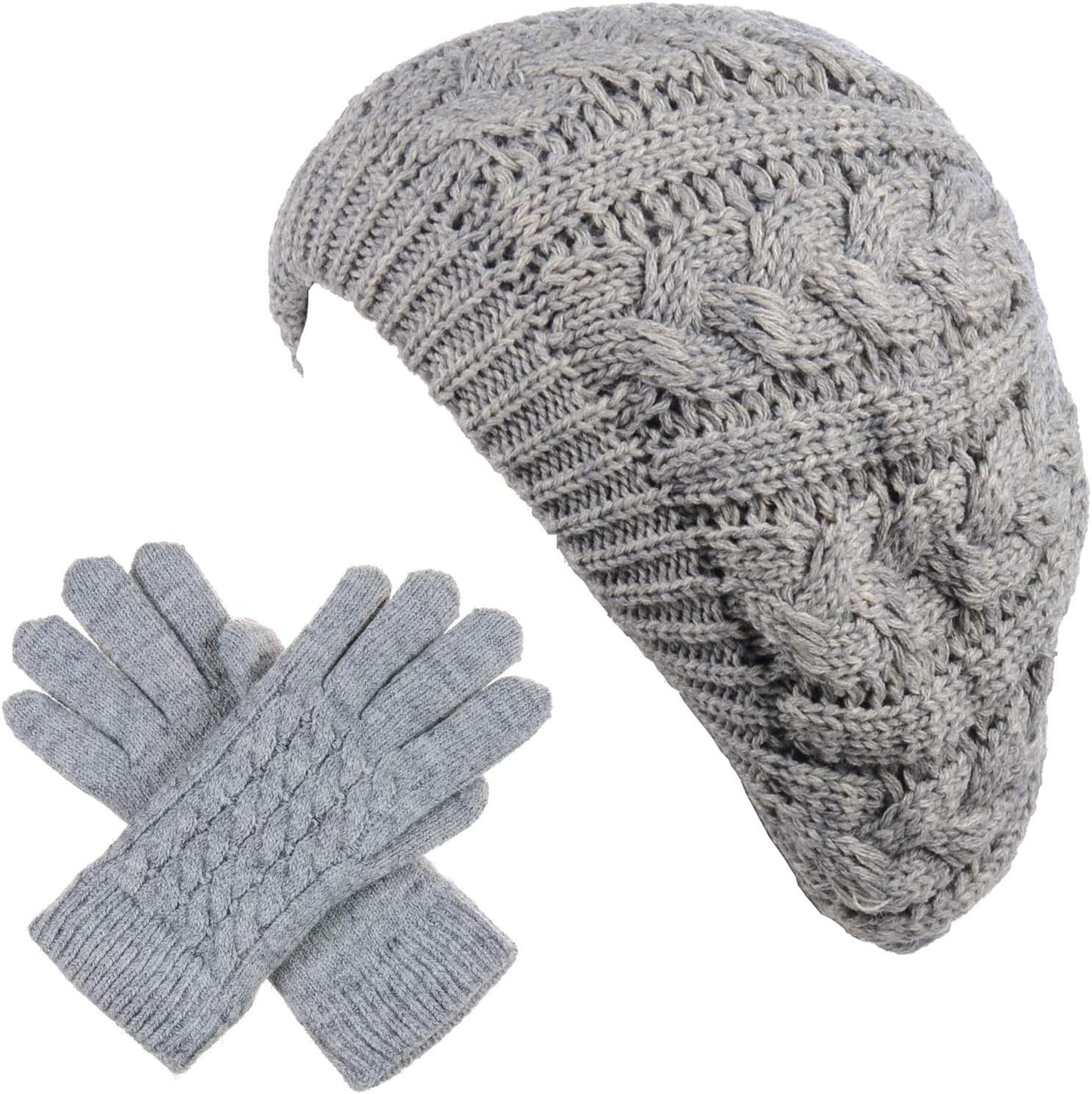 BYOS Womens Winter Cozy Cable Fleece Lined Knit Beret Beanie Hat (Set Available)
