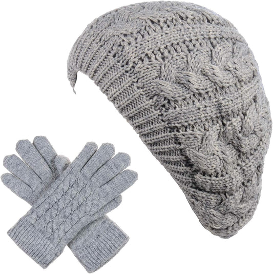 BYOS Womens Winter Cozy Cable Fleece Lined Knit Beret Beanie Hat (Set Available)