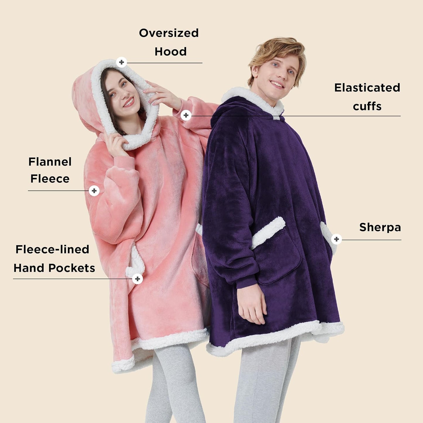 Bedsure Blanket Hoodie, Wearable Blanket for Adults & Kids as Gifts for Women Men, Birthday Gifts for Women Mom Girl Sherpa Oversized Hoodie, Ultra Violet, Oversize