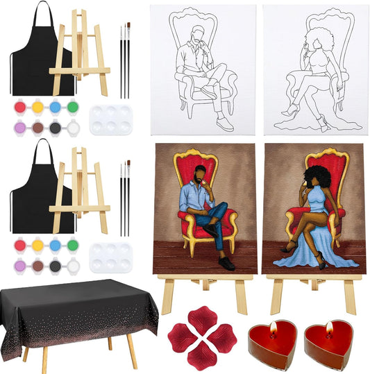 Nuberlic Date Night Painting Kit for Couples Sip and Paint Kit for Adults Couples Pre Drawn Canvas to Paint for Adults Afro King Queen Valentines Date Night Party 2 Pack 8" X 10"