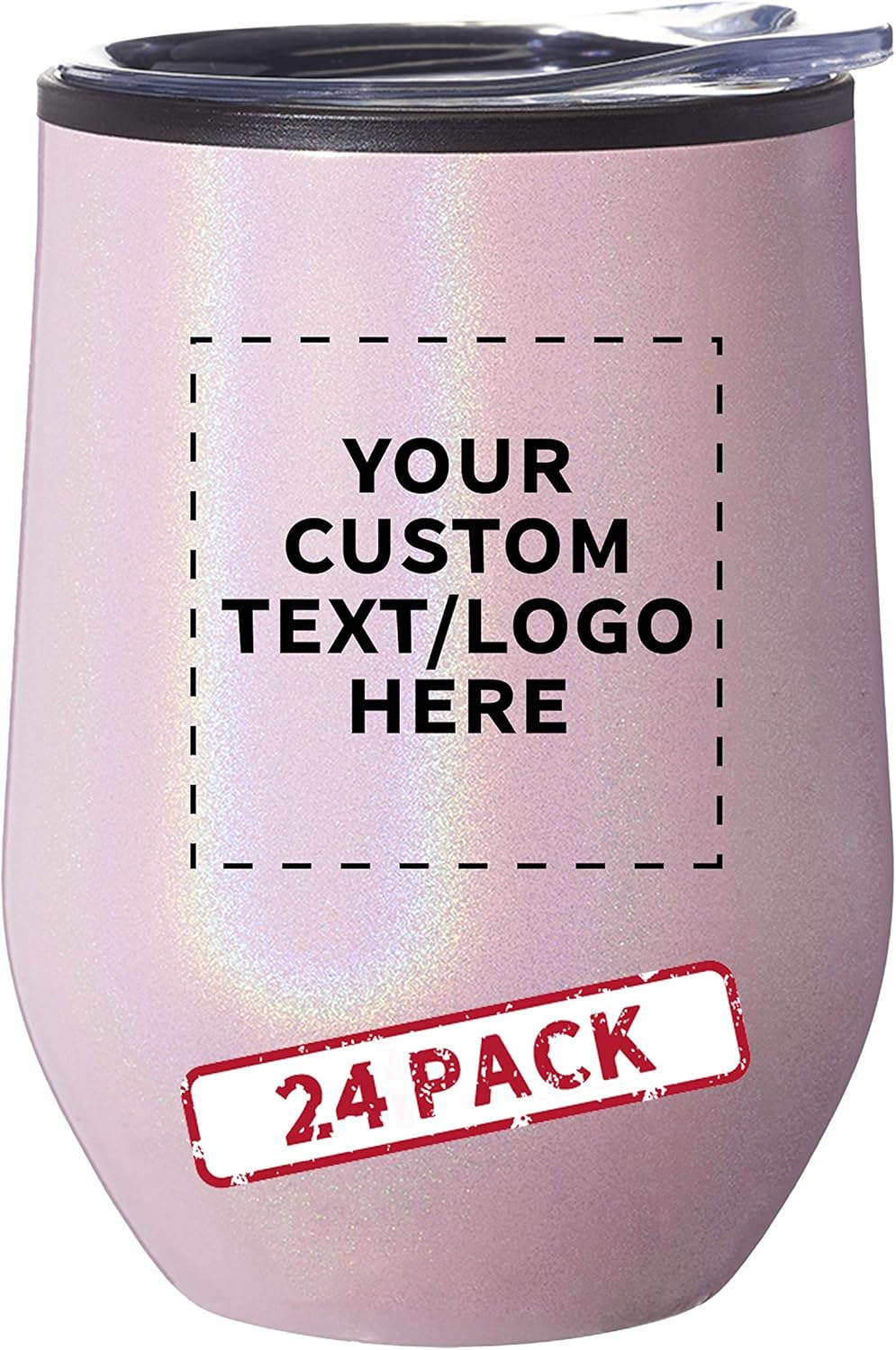 Custom Palmera Stemless Wine Tumblers with Lids 12 oz. Set of 24, Personalized Bulk Pack - Perfect for Wine, Cocktails, Other Hot & Cold Beverages - Iridescent Pink
