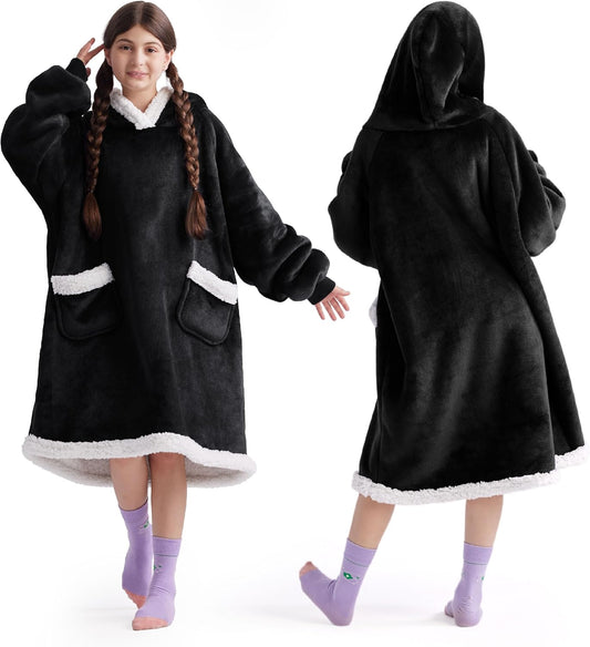 Bedsure Blanket Hoodie, Wearable Blanket for Adults & Kids as Gifts for Women Men, Birthday Gifts for Women Mom Girl Sherpa Oversized Hoodie, Black, Kids