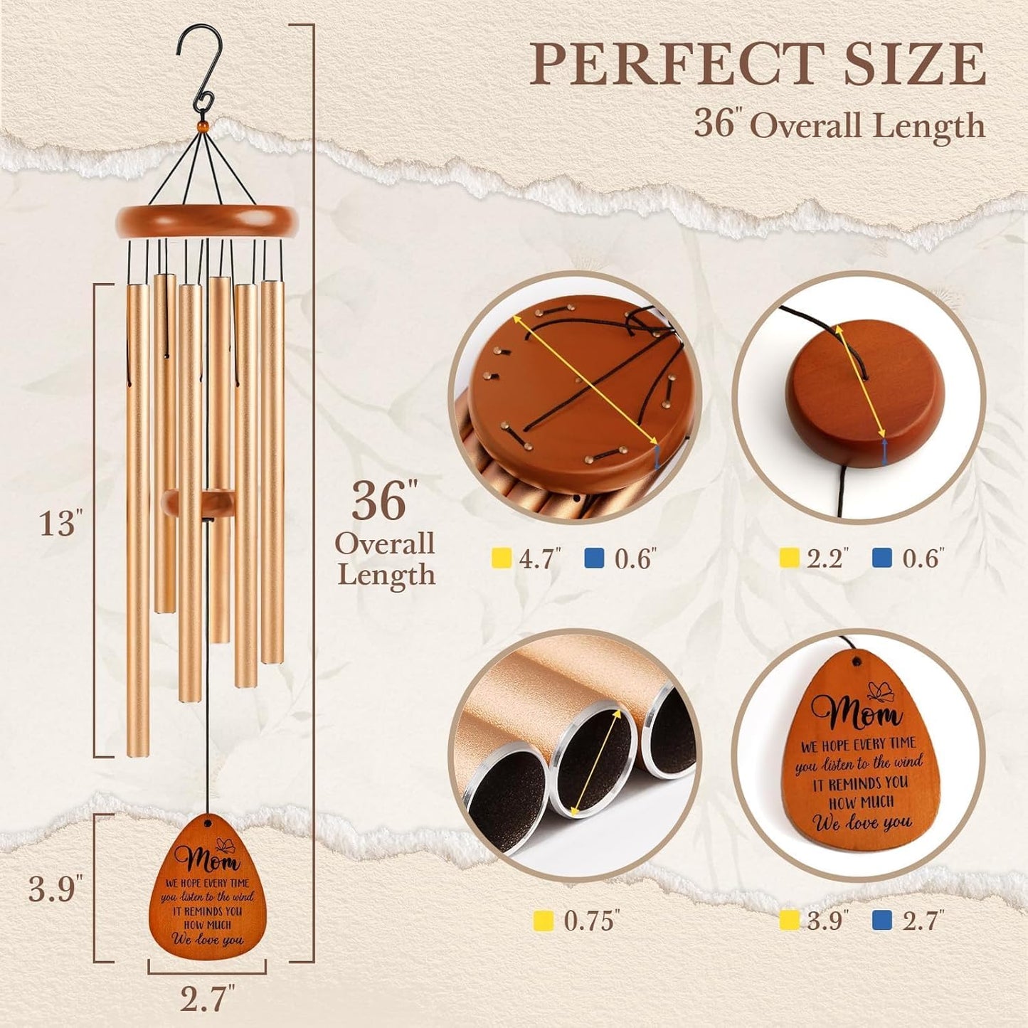 Gifts for Mom, Moms Wind Chimes, Mother’s Day Best Gift for Mom, Mother Birthday Gift from Daughter Son, Love Reminder Gifts for Birthday Thanksgiving Christmas, Large-36''