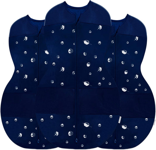 Happiest Baby Sleepea 5-Second Swaddle - 100% Organic Cotton Baby Swaddle Blanket - Doctor Designed Promotes Healthy Hip Development - 3-Pack Bundle (Midnight Planets, S, M, L)