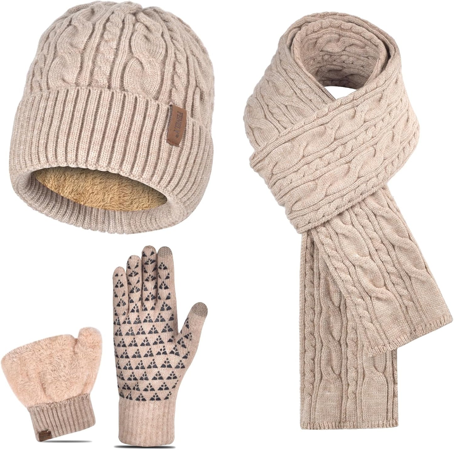 Men Winter Beanie Hat Touchscreen Gloves Scarf Set Warm Fleece Lined