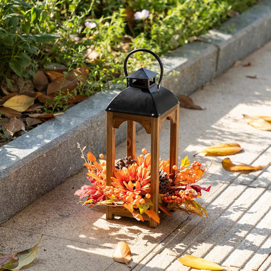 Glitzhome 20" H Wood Decorative Lantern for Fall Harvest - Sunflower, Pinecone and Berry Floor Lantern, Autumn Decor for Indoor & Outdoor Use