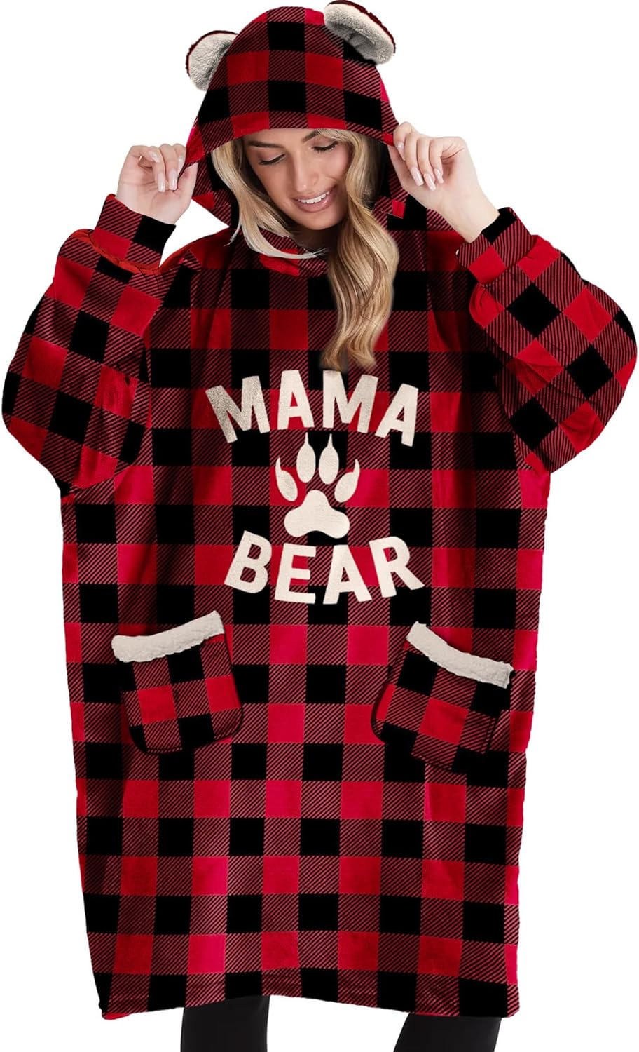 Vprintes Mama Bear Ear Plaid Hoodie Dress - Christmas Gifts for Mom from Daughter Son - Mom Birthday Gifts - Mothers day Gifts