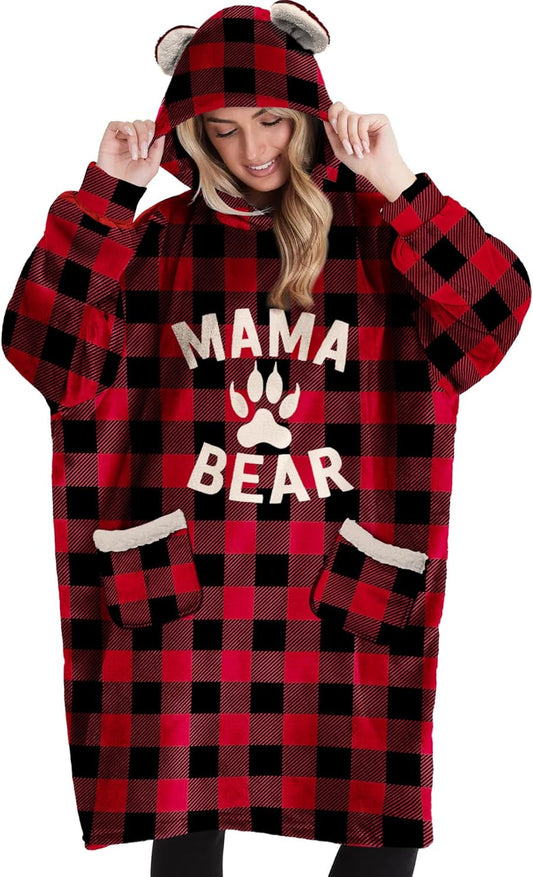 Vprintes Mama Bear Ear Plaid Hoodie Dress - Christmas Gifts for Mom from Daughter Son - Mom Birthday Gifts - Mothers day Gifts