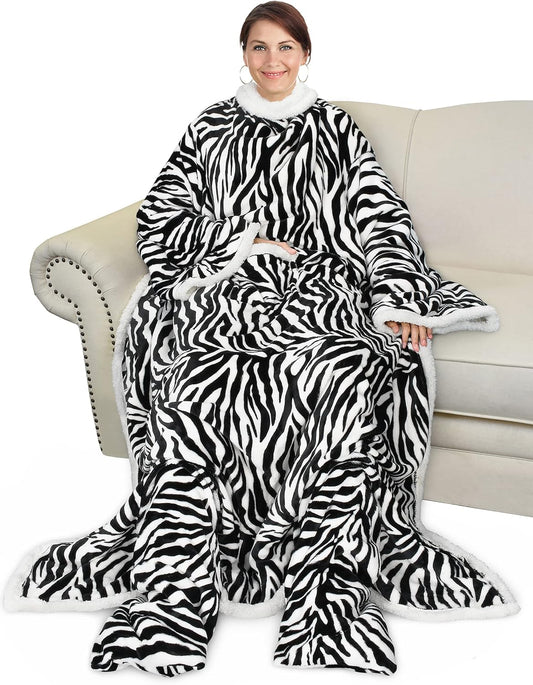 Catalonia Sherpa Wearable Blanket with Sleeves & Foot Pockets for Adult Women Men, Comfy Snuggle Wrap Sleeved Throw Blanket Robe, Gift Idea, Zebra