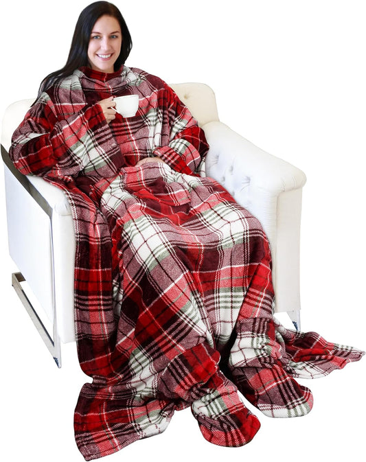 Catalonia Wearable Fleece Blanket with Sleeves and Foot Pockets for Adult Women Men, Micro Plush Comfy Wrap Sleeved Throw Blanket Robe Large, Red Plaid