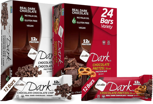 NuGo Dark Variety - Chocolate Pretzel 12 Bars & Chocolate Chocolate Chip 12 Bars, 12g Protein, Vegan, Gluten Free, Non-GMO, Kosher Pareve, 24 Count