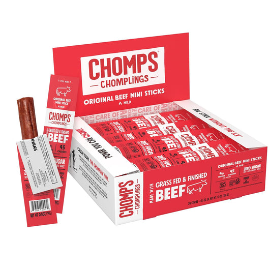 Chomps Snack Size Grass-Fed Original Beef Jerky Snack Sticks 0.5oz 24-Pack - Keto, Paleo, Whole30, 4g Lean Meat Protein, Gluten-Free, Zero Sugar Food, Non-GMO Chomplings