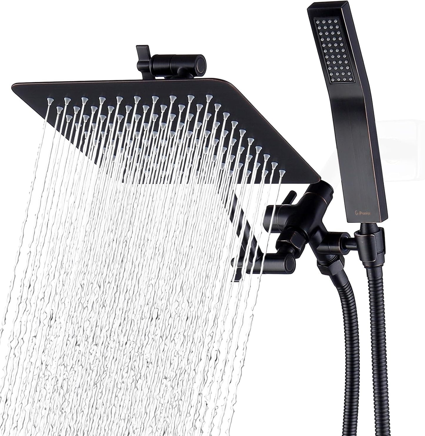 G-Promise All Metal 8 Inch Dual Square Shower Head with Handheld Combo, Rain Shower Head, Adjustable Extension Arm, 3-Way Diverter, 71 Inch Extra Long Hose - A Bathroom Upgrade (Oil Rubbed Bronze)