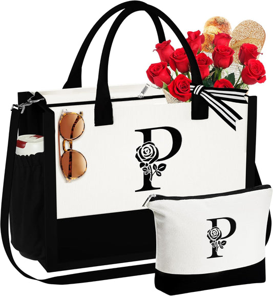 YOOLIFE Gifts for Women - Initial Canvas Tote Bag & Makeup Bag Birthday Gifts for Women Wife Mom Friend Teacher Sister