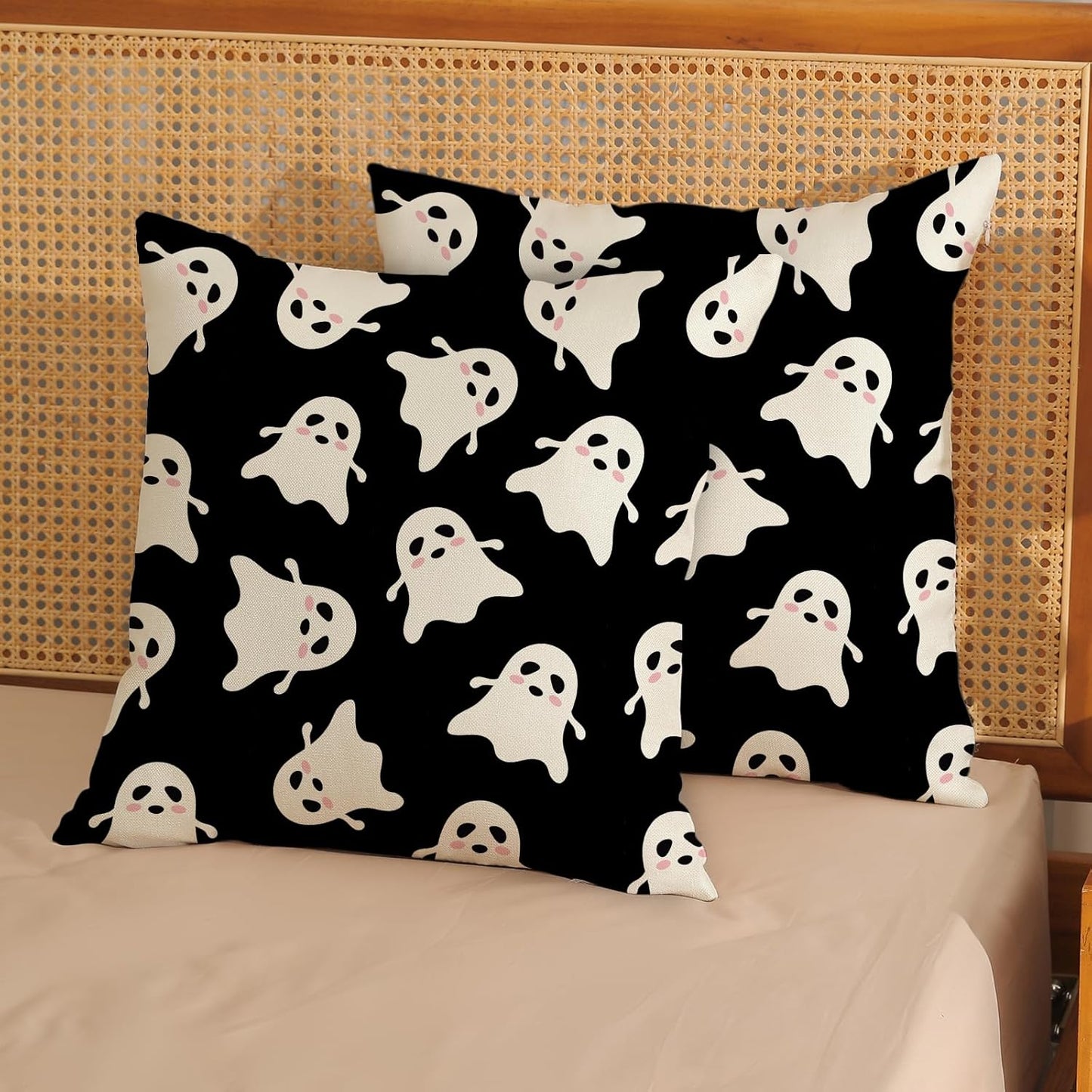Halloween Decor Pillow Covers 18x18 Pack of 2 Black Beige Cute Ghost Throw Pillow Covers Outdoor Decoration,Fall Holiday Ghost Pillowcase Linen Decorative Cushion Case for Home Sofa Couch