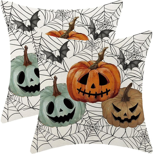 Halloween Decor Pillow Covers 18x18 Set of 2 Black Spider Web Orange Pumpkin Bat Throw Pillow Covers Outdoor Decoration Autumn Pumpkin Pillowcase Farmhouse Decorative Cushion Case for Home Sofa