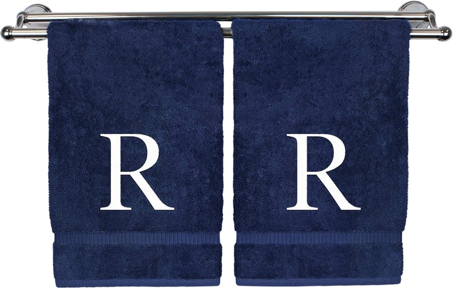 Monogrammed Hand Towel, Personalized Gift, Set of 2- White Block Letter Embroidered Towel - Extra Absorbent 100% Turkish Cotton - Soft Terry Finish - Initial R Navy