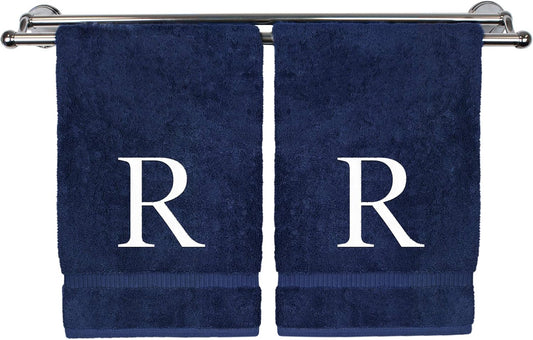 Monogrammed Hand Towel, Personalized Gift, Set of 2- White Block Letter Embroidered Towel - Extra Absorbent 100% Turkish Cotton - Soft Terry Finish - Initial R Navy