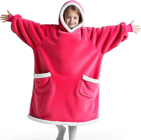 Bedsure Blanket Hoodie, Wearable Blanket for Adults & Kids as Gifts for Women Men, Birthday Gifts for Women Mom Girl Sherpa Oversized Hoodie, Magenta, Kids