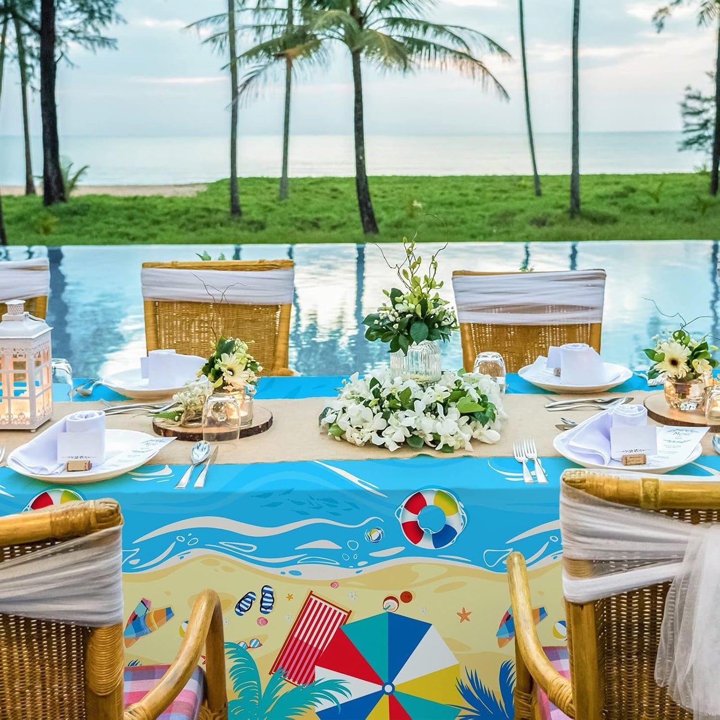 Beach Theme Party Supplies, Summer Pool Pack Includes: Paper Dinner Plates, Dessert Plates, Luncheon Napkins, Cups and Tablecloth for Hawaiian Party Birthday Decorations, Serve 25