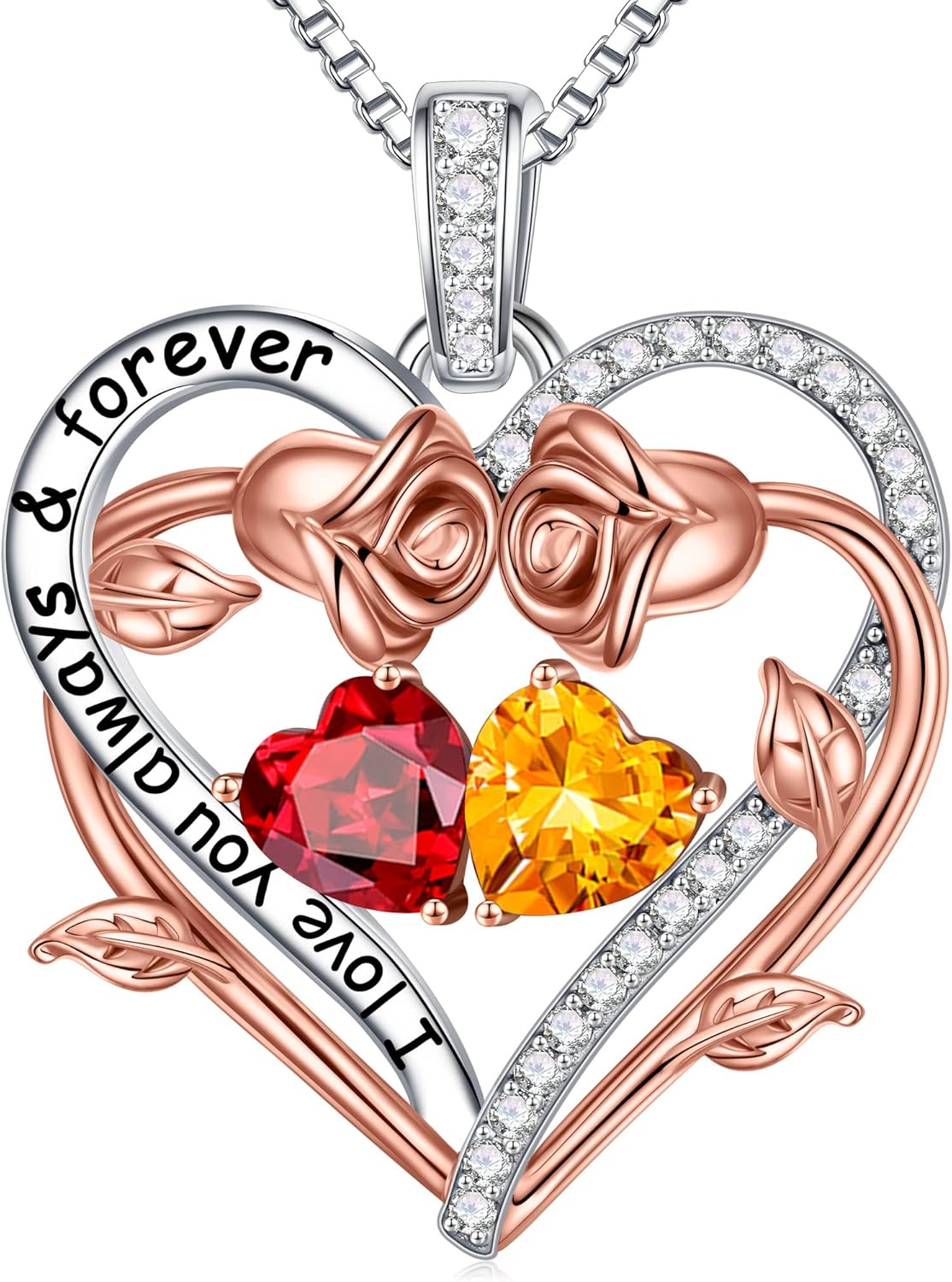 Iefil Rose Heart Double Birthstone Necklace Gifts for Wife Her Mom Women, Birthstone Jewelry Gemstone Birthday Gifts for Girlfriend Grandma Her Wife Women