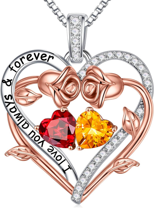 Iefil Rose Heart Double Birthstone Necklace Gifts for Wife Her Mom Women, Birthstone Jewelry Gemstone Birthday Gifts for Girlfriend Grandma Her Wife Women