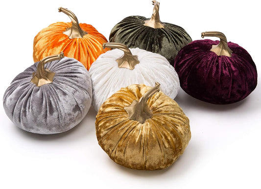 Ogrmar Set of 6 Pack Handmade Velvet Pumpkins Decor,Super Soft Stuffed Pumpkin with Exquisite Craftsmanship for Fall Halloween Thanksgiving Decoration