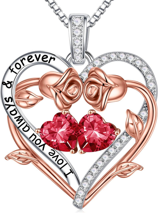 Iefil Rose Heart Double Birthstone Necklace Gifts for Wife Her Mom Women, Birthstone Jewelry Gemstone Birthday Gifts for Girlfriend Grandma Her Wife Women