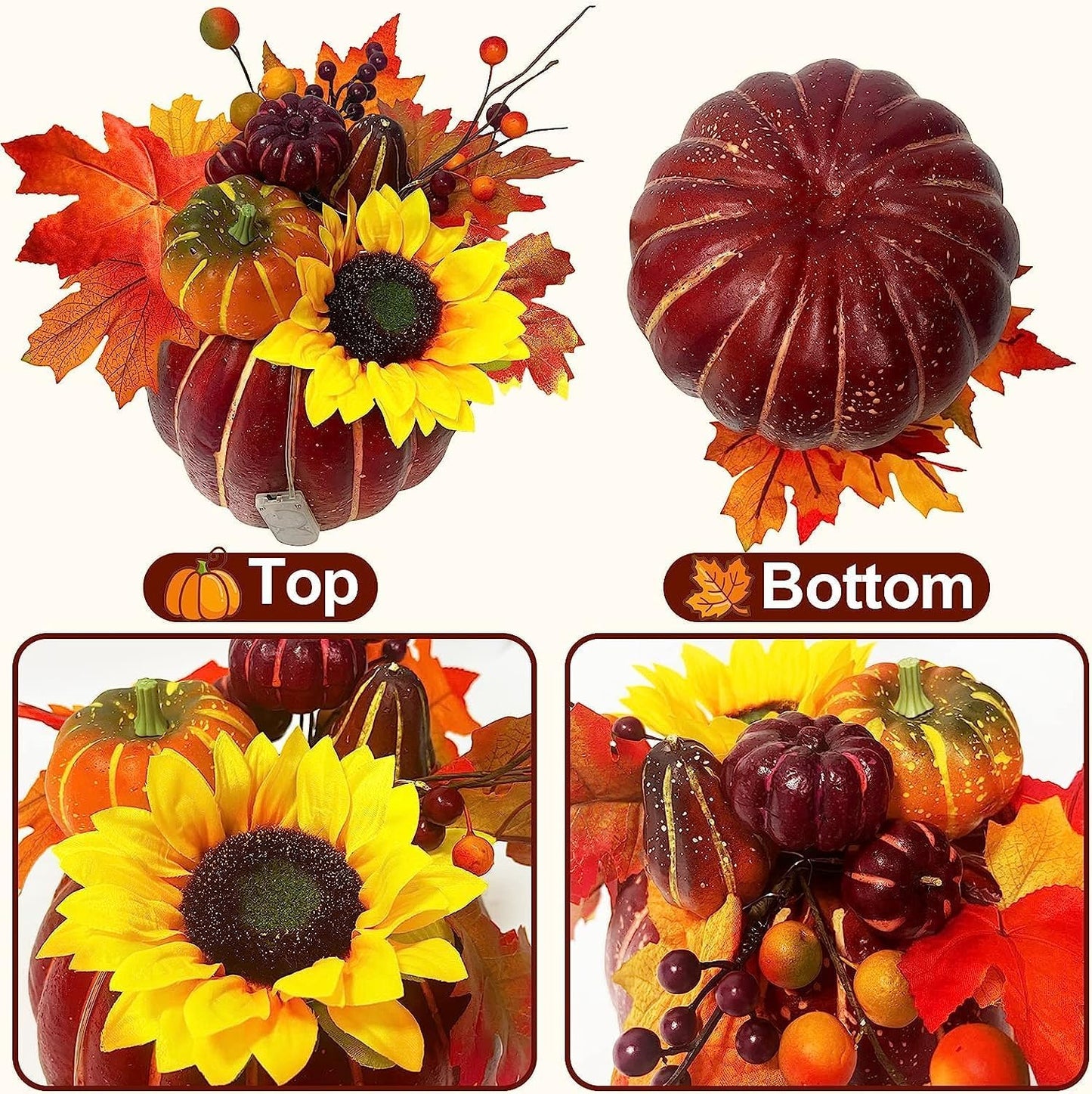 [ Timer & Prelit ]10 Inch Large Lighted Fake Pumpkin Fall Decoraitons for Home, Fall Table Decor Maples Leafed Pumpkins Sunflower Berried Battery Operated Fall Thanksgiving Decorations for Home Indoor
