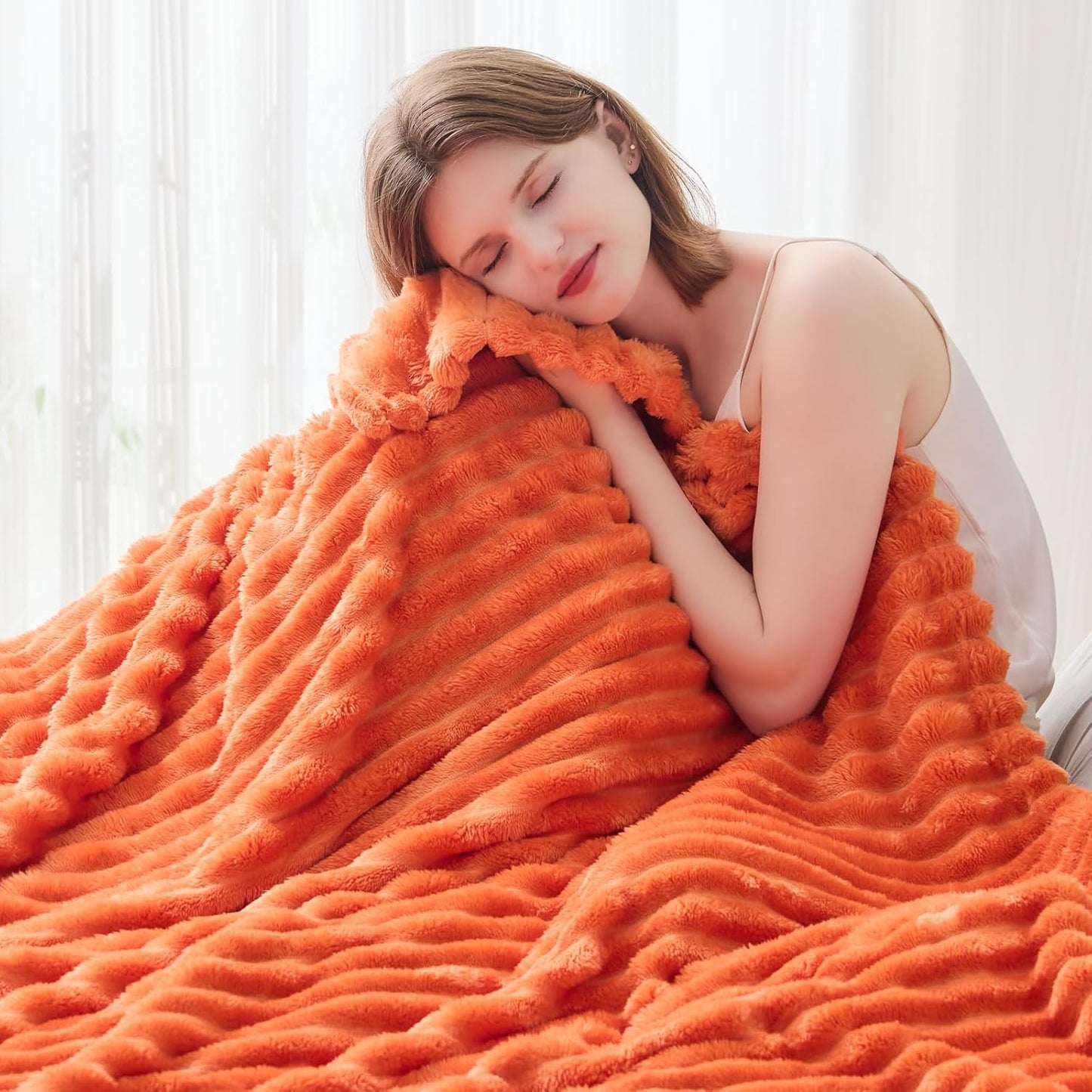 NEWCOSPLAY Super Soft Fall Throw Blanket Orange Premium Silky Flannel Fleece 3D Ribbed Jacquard Lightweight Bed Blanket All Season Use (Orange Ribbed, Throw(50"x60"))