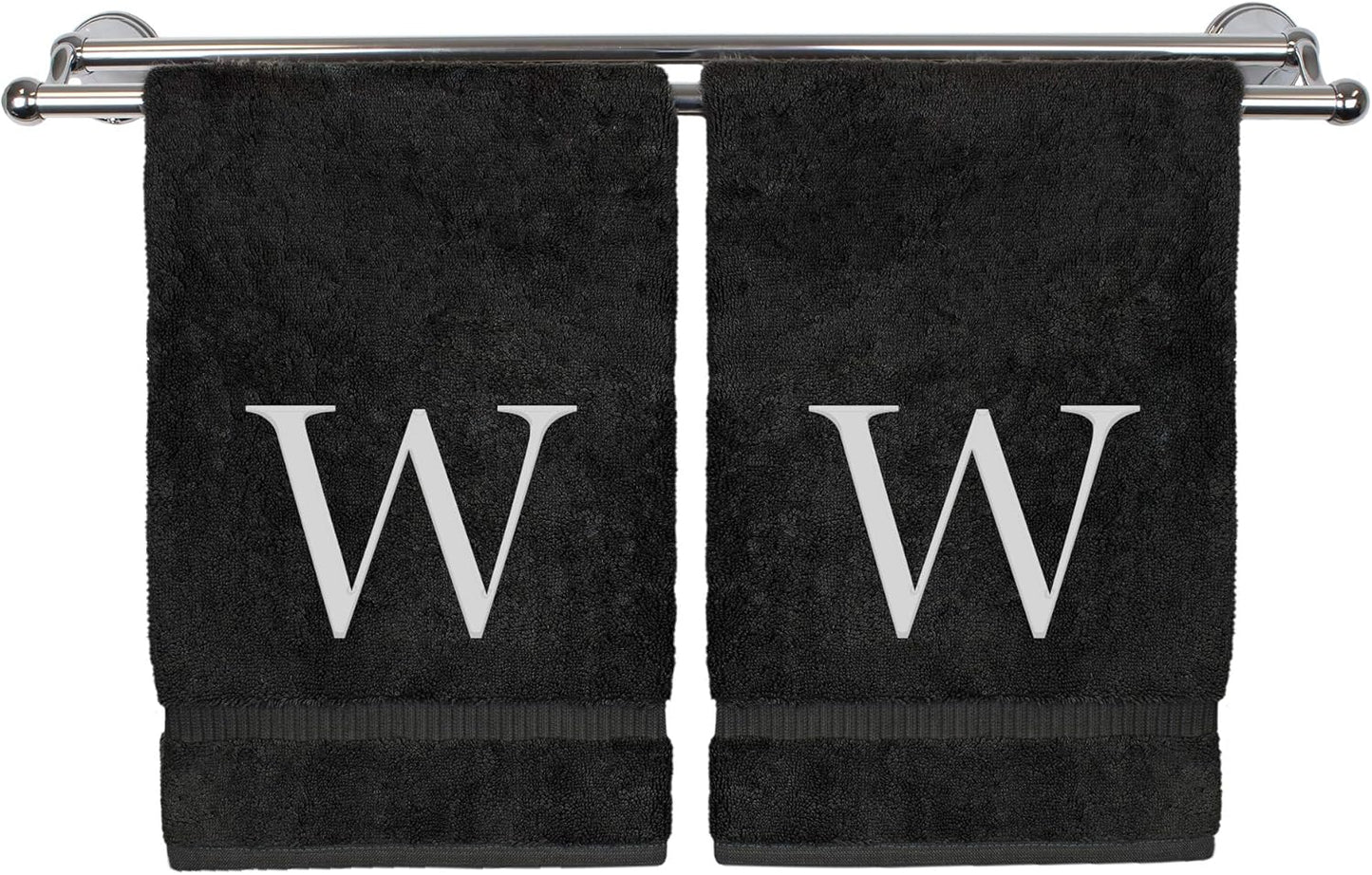 Monogrammed Hand Towel, Personalized Gift, Set of 2- White Block Letter Embroidered Towel - Extra Absorbent 100% Turkish Cotton - Soft Terry Finish - Initial W Black