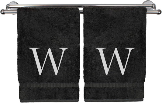 Monogrammed Hand Towel, Personalized Gift, Set of 2- White Block Letter Embroidered Towel - Extra Absorbent 100% Turkish Cotton - Soft Terry Finish - Initial W Black