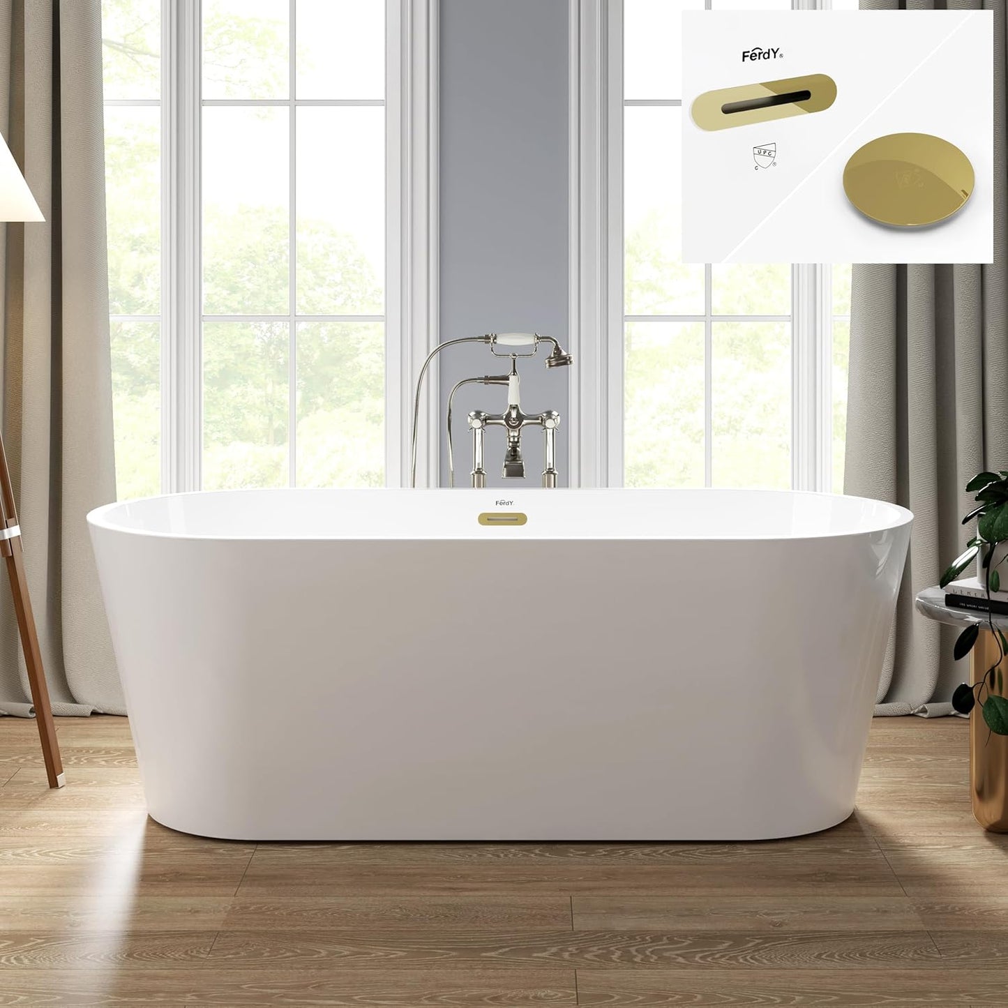 FerdY 67" Shangri-La Elite, Acrylic Freestanding Bathtub, Modern & Contemporary Design Soaking Tub with Polished Gold Drain Pop-Up Drain and Minimalist Design Overflow, cUPC Certified