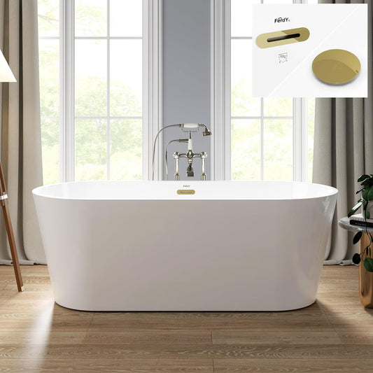 FerdY 67" Shangri-La Elite, Acrylic Freestanding Bathtub, Modern & Contemporary Design Soaking Tub with Polished Gold Drain Pop-Up Drain and Minimalist Design Overflow, cUPC Certified