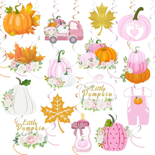 36pcs Thanksgiving Little Pumpkin Party Hanging Swirls Decor,Pink Girl Little Pumpkin Thankgiving Hanging Swirls, Fall Themed Maple Leaf Pumpkin Truck Ceiling Swirl for Birthday Decorations