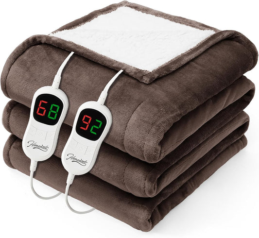 Homemate Electric Heated Blanket Queen - 84"x90" Heating Bed Blankets Throw with 10 Heating Levels 8 Hours Auto Off Fast Heating Over-Heated Protection Ultra Soft Warm Flannel ETL Certified Brown
