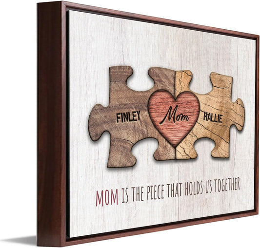 Personal-Prints MOM & Children Personalized HEART Puzzle Wall Art | Unique Customized with up to 8 Names | Mother’s Day, Birthday or Christmas Gift (20"x25" Float Framed Canvas, 2 Children)