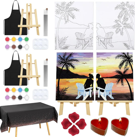 Nuberlic Date Night Painting Kit for Couples Sip and Paint Kit for Adults Couples Pre Drawn Canvas to Paint for Adults Valentines Sunset Love Theme 2 Pack 8" X 10"